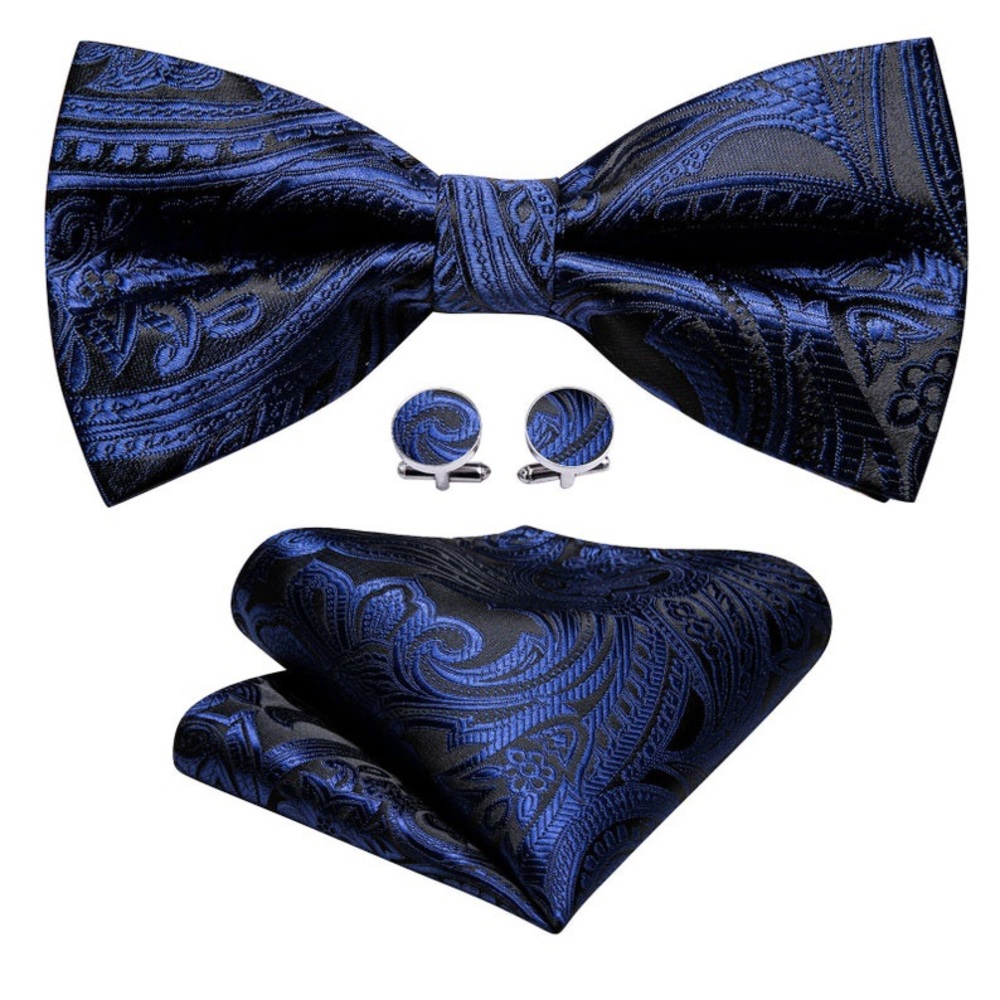 NWOT Barry Wang Mens Bowtie Navy Blue Bow Handkerchief Cufflinks Set
